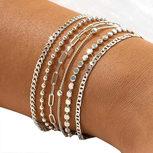 6pcs Silver Bracelets for Women Trendy Dainty Stackable Bracelet Pack Cuban Link Paperclip Chain Fashion Accessories for Women Silver Bracelet Stack Set Adjustable Bracelets no Tarnish in Saudi Arabia