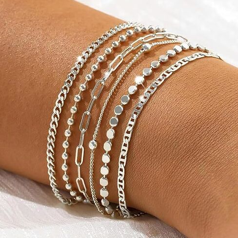 6pcs Silver Bracelets for Women Trendy Dainty Stackable Bracelet Pack Cuban Link Paperclip Chain Fashion Accessories for Women Silver Bracelet Stack Set Adjustable Bracelets no Tarnish in Saudi Arabia