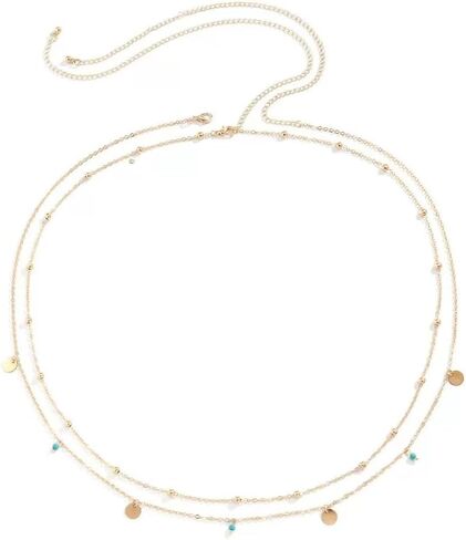 Dainty Layered Waist Chain, Gold Plated Belly Chain with Beads and Disc Charms, Double Strand Body Jewelry in Saudi Arabia