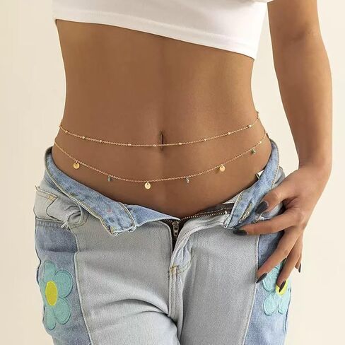 Dainty Layered Waist Chain, Gold Plated Belly Chain with Beads and Disc Charms, Double Strand Body Jewelry in Saudi Arabia