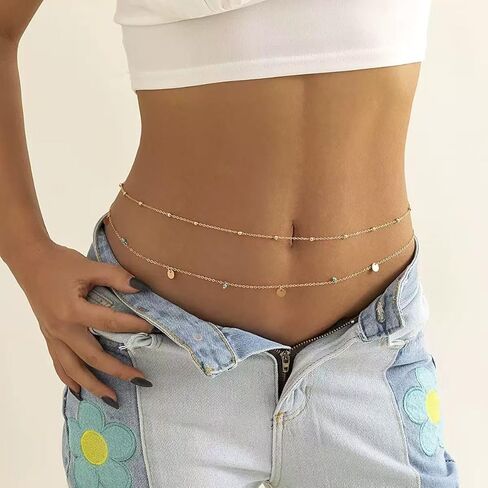 Dainty Layered Waist Chain, Gold Plated Belly Chain with Beads and Disc Charms, Double Strand Body Jewelry in Saudi Arabia