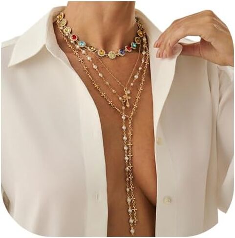 4Pcs Gold Rhinestone Pearl Choker Necklace Long Crystal Clavicle Chain Necklace Layered Gothic Cross Pendant Tassel Body Chain Jewelry for Women in Saudi Arabia