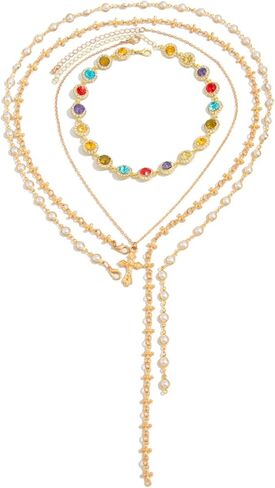 4Pcs Gold Rhinestone Pearl Choker Necklace Long Crystal Clavicle Chain Necklace Layered Gothic Cross Pendant Tassel Body Chain Jewelry for Women in Saudi Arabia