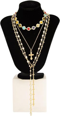 4Pcs Gold Rhinestone Pearl Choker Necklace Long Crystal Clavicle Chain Necklace Layered Gothic Cross Pendant Tassel Body Chain Jewelry for Women in Saudi Arabia