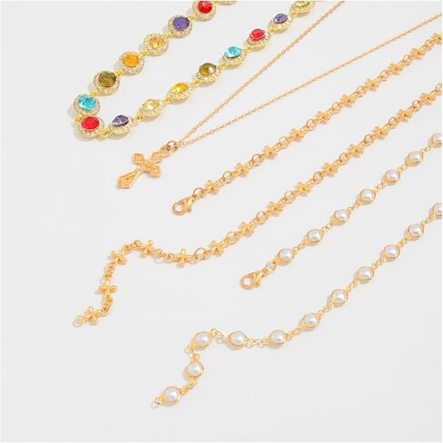 4Pcs Gold Rhinestone Pearl Choker Necklace Long Crystal Clavicle Chain Necklace Layered Gothic Cross Pendant Tassel Body Chain Jewelry for Women in Saudi Arabia