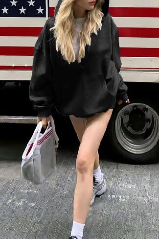 2026NEW Cotton Loose Drop Shoulder Pullover Hoodies for Women Streetwear Hooded Fleece Kangaroo Pocket Sweatshirt Top in Saudi Arabia