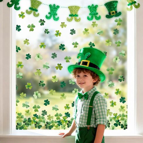 AnyDesign 4 Sheets St. Patrick's Day Window Cling Sticker Green Shamrock Clover Reusable Window Decals for Irish Holiday Party Supplies Home Glass Decor in Saudi Arabia