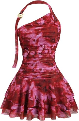 Milumia Women's Floral Mesh Ruched Halter Mini Dress Y2k Ring Linked Ruffle Layered Short Dresses in Saudi Arabia