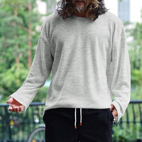 Men's Crew Neck Sweatshirts Waffle Long Sleeve Solid Color Sweaters Fashion Casual Loose Fit Fall Pullover in Saudi Arabia