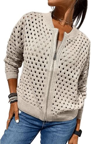 سترات نسائية بأكمام طويلة بسحاب للنساء سترة منسوجة من الكروشيه مجوفة كاجوال للخريف سترة قصيرة ملابس خارجية in Kuwait