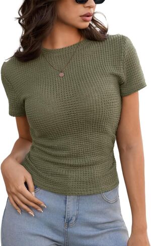 Womens Basic Waffle Knit Top, Sheer Crew Neck Short Sleeve Fitted Shirt, Spring Summer Trendy Clothing Casual Outfits in Saudi Arabia