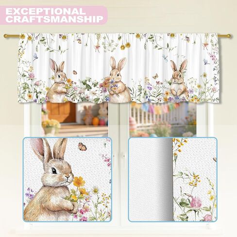 ستارة أرنب عيد الفصح للنوافذ، بيض عيد الفصح زهور ديكور المطبخ ستارة قضيب الستارة جيب كلاسيكي ديكورات المزرعة الريفية مقاس 18 × 54 بوصة معالجة النوافذ لغرفة المعيشة في الحمام in Kuwait