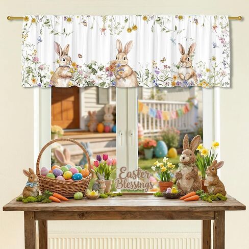 ستارة أرنب عيد الفصح للنوافذ، بيض عيد الفصح زهور ديكور المطبخ ستارة قضيب الستارة جيب كلاسيكي ديكورات المزرعة الريفية مقاس 18 × 54 بوصة معالجة النوافذ لغرفة المعيشة في الحمام in Kuwait
