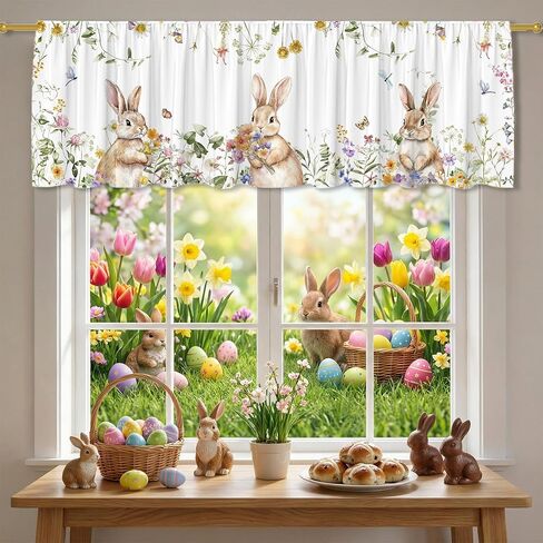 ستارة أرنب عيد الفصح للنوافذ، بيض عيد الفصح زهور ديكور المطبخ ستارة قضيب الستارة جيب كلاسيكي ديكورات المزرعة الريفية مقاس 18 × 54 بوصة معالجة النوافذ لغرفة المعيشة في الحمام in Kuwait