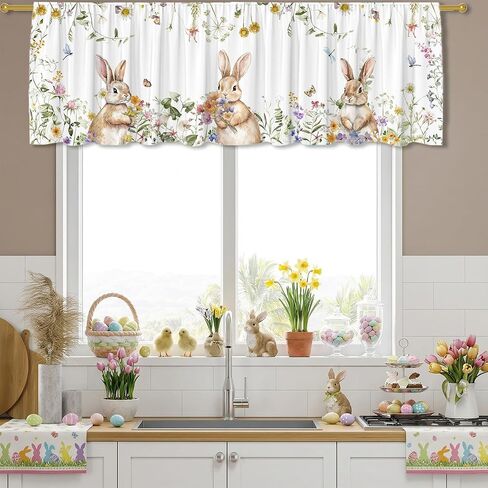ستارة أرنب عيد الفصح للنوافذ، بيض عيد الفصح زهور ديكور المطبخ ستارة قضيب الستارة جيب كلاسيكي ديكورات المزرعة الريفية مقاس 18 × 54 بوصة معالجة النوافذ لغرفة المعيشة في الحمام in Kuwait