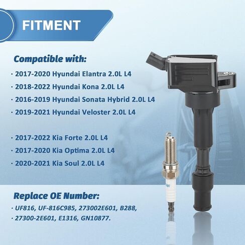 Set of 4 UF816 Ignition Coil Packs and Iridium Spark Plugs Compatible with 2016-2022 Hyundai Elantra Kona Sonata, Kia Forte Soul Optima, 2.0L L4, Replaces GN10877 273002E601 in Saudi Arabia