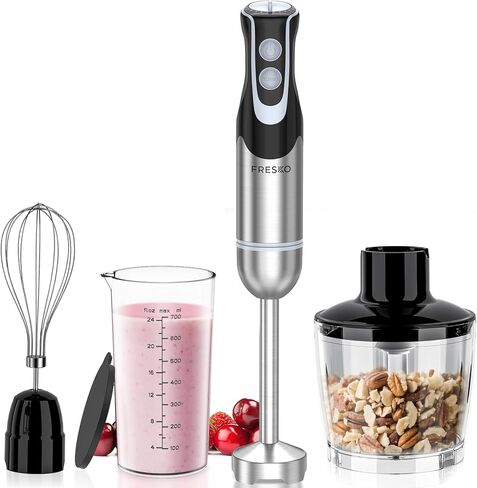 خلاط فريسكو اليدوي، خلاط كهربائي 4 في 1 من الفولاذ المقاوم للصدأ مع 12 سرعة ووضع توربو، خلاط مستحلب قوي 500 واط مع كوب ومفرمة وخفق للعصائر والحساء in Kuwait