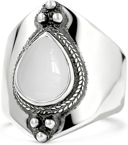 Natural Waterdrop Stone Wide Band Ring,Sterling Silver Genuine Teardrop Crystal Quartz Gemstone Statement Wide Chunky Full Finger Band Ring for Women in Saudi Arabia