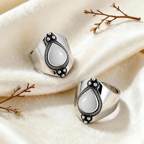 Natural Waterdrop Stone Wide Band Ring,Sterling Silver Genuine Teardrop Crystal Quartz Gemstone Statement Wide Chunky Full Finger Band Ring for Women in Saudi Arabia