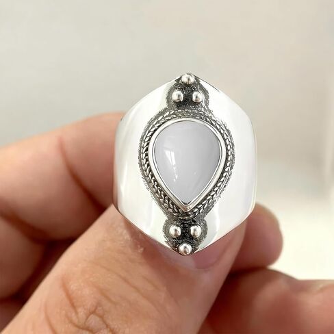 Natural Waterdrop Stone Wide Band Ring,Sterling Silver Genuine Teardrop Crystal Quartz Gemstone Statement Wide Chunky Full Finger Band Ring for Women in Saudi Arabia