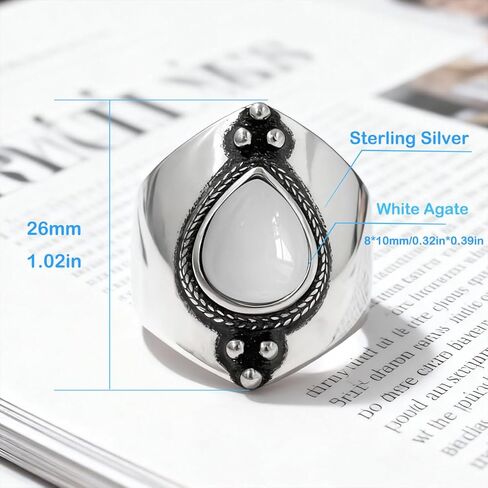 Natural Waterdrop Stone Wide Band Ring,Sterling Silver Genuine Teardrop Crystal Quartz Gemstone Statement Wide Chunky Full Finger Band Ring for Women in Saudi Arabia
