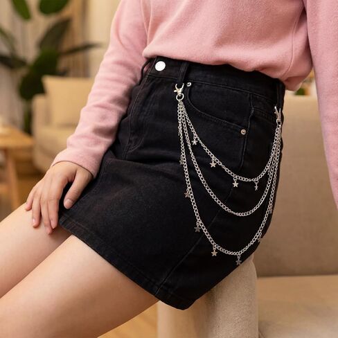 Star Pants Chain Goth Rock Silver Punk Jeans Belt Chains Y2k Vintage Chunky Trouser Pocket Keychains Cute Hip Hop Wallet Layered Jewelry Accessories for Women Girls Men in Saudi Arabia