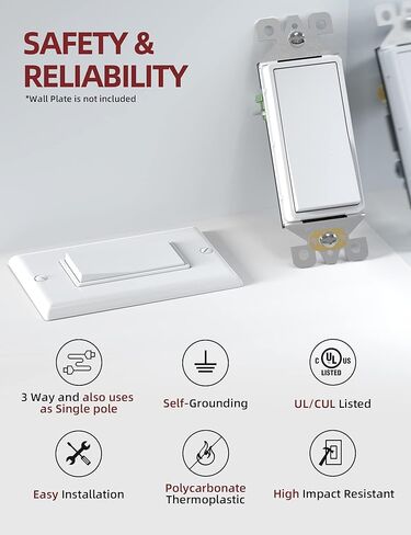 AIDA 10 Pack 3 Way Switch Light Switch، 15Amp، 120/277 Volt، AC Decorator Rocker Paddle Wall Switch استبدال، UL مدرج - درجة سكنية وتجارية، أبيض لامع in Saudi Arabia