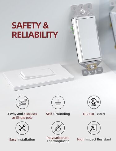 Aida Matte White 3 Way Switch، لوحة حائط متضمنة، ديكور ثلاثي الاتجاهات 15 أمبير، 120/277 فولت، مفتاح مجداف 120/277 فولت، تأريض ذاتي، درجة سكنية وتجارية، مدرج في قائمة UL (10 عبوات) in Kuwait
