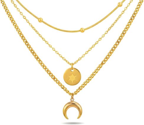 Gold Layered Necklaces for Women, 3 Layer 18K Gold Plated Dainty Choker Necklace, Simple Trendy Stackable Gold Chain Pendant Necklaces Jewelry Set Gifts for Women in Saudi Arabia