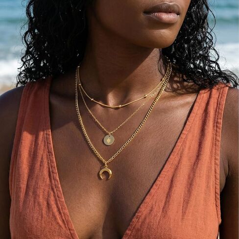 Gold Layered Necklaces for Women, 3 Layer 18K Gold Plated Dainty Choker Necklace, Simple Trendy Stackable Gold Chain Pendant Necklaces Jewelry Set Gifts for Women in Saudi Arabia