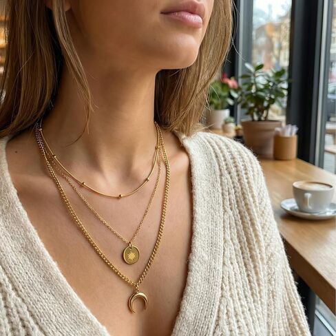 Gold Layered Necklaces for Women, 3 Layer 18K Gold Plated Dainty Choker Necklace, Simple Trendy Stackable Gold Chain Pendant Necklaces Jewelry Set Gifts for Women in Saudi Arabia
