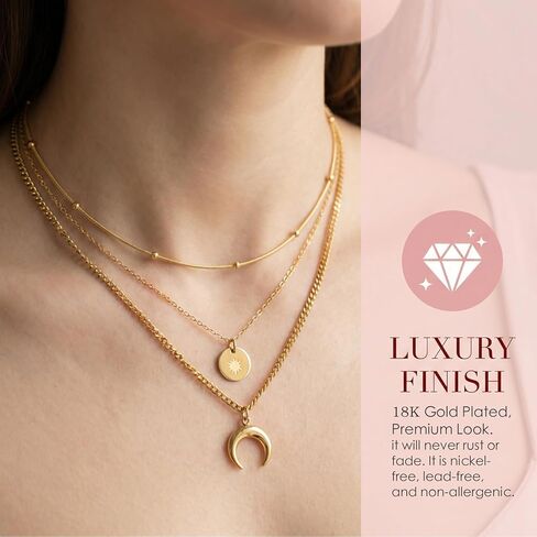 Gold Layered Necklaces for Women, 3 Layer 18K Gold Plated Dainty Choker Necklace, Simple Trendy Stackable Gold Chain Pendant Necklaces Jewelry Set Gifts for Women in Saudi Arabia