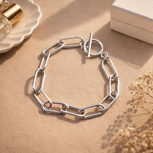 Surgical Stainless Steel Paper Clip Chain Bracelet with Toggle Clasp, Silver, Chunky Link Style, Unisex, Lightweight in Saudi Arabia