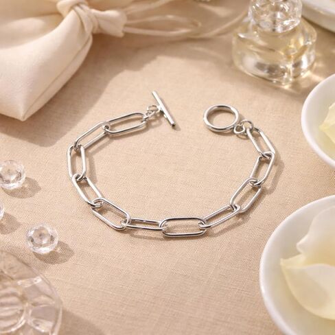 Surgical Stainless Steel Paper Clip Chain Bracelet with Toggle Clasp, Silver, Chunky Link Style, Unisex, Lightweight in Saudi Arabia