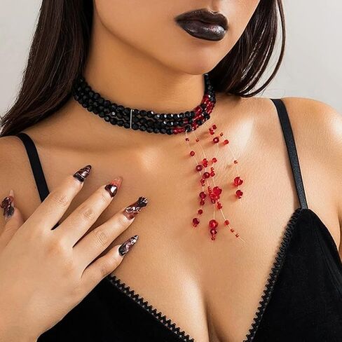 خمر اللؤلؤ القوطية الدم بالتنقيط قلادة قلادة للنساء، الطبقات الأسود مطرز الأحمر كريستال شرابة قطرة قلادة الرجعية هالوين حزب مجوهرات هدية الملحقات in Kuwait
