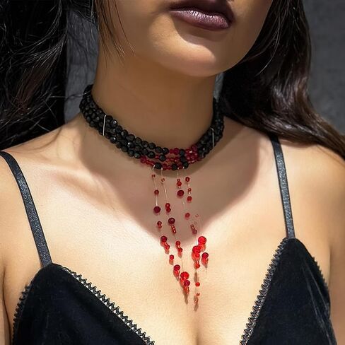 خمر اللؤلؤ القوطية الدم بالتنقيط قلادة قلادة للنساء، الطبقات الأسود مطرز الأحمر كريستال شرابة قطرة قلادة الرجعية هالوين حزب مجوهرات هدية الملحقات in Kuwait