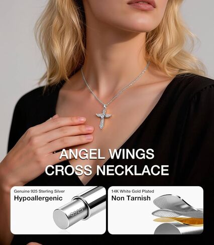 Lovans 925 قلادة صليب من الفضة الاسترليني للنساء، قلادة متقاطعة بأجنحة الملاك الأنيقة مطلية بالذهب عيار 14 قيراط مع سلسلة 18 بوصة/22 بوصة + 2 بوصة in Kuwait