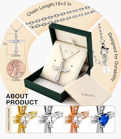 Lovans 925 قلادة صليب من الفضة الاسترليني للنساء، قلادة متقاطعة بأجنحة الملاك الأنيقة مطلية بالذهب عيار 14 قيراط مع سلسلة 18 بوصة/22 بوصة + 2 بوصة in Kuwait