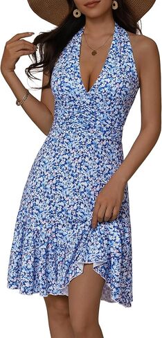 GUBERRY Womens Summer Dresses Mini Dress 2026 Halter V Neck Ruched Waist Cute Floral Flowy A-line Sundresses for Women in Saudi Arabia