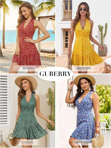 GUBERRY Womens Summer Dresses Mini Dress 2026 Halter V Neck Ruched Waist Cute Floral Flowy A-line Sundresses for Women in Saudi Arabia
