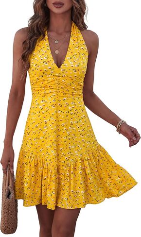 GUBERRY Womens Summer Dresses Mini Dress 2026 Halter V Neck Ruched Waist Cute Floral Flowy A-line Sundresses for Women in Saudi Arabia