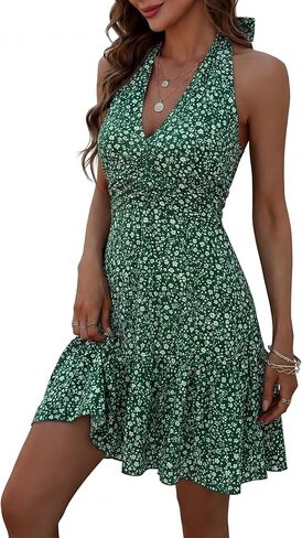 GUBERRY Womens Summer Dresses Mini Dress 2026 Halter V Neck Ruched Waist Cute Floral Flowy A-line Sundresses for Women in Saudi Arabia