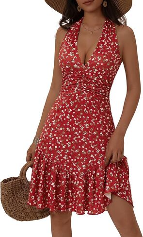GUBERRY Womens Summer Dresses Mini Dress 2026 Halter V Neck Ruched Waist Cute Floral Flowy A-line Sundresses for Women in Saudi Arabia