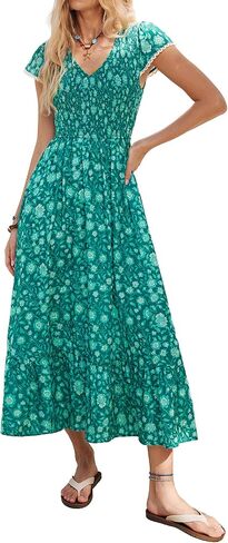 Kate Kasin Women Summer Floral Maxi Dresses 2026, V Neck Smocked Boho Sundress, Flowy Long Beach Vacation Dress with Pockets in Saudi Arabia