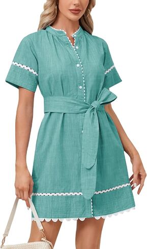 Women's Summer Shirt Dress Short Sleeve Button Down Mini Tie Waist Belted Tunic with Pockets RIC Rac Trim in Saudi Arabia