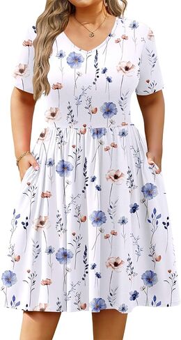 IN'VOLAND Women's Plus Size Short Sleeve Dress Summer Casual V Neck Knee Length A-Line Loose T-Shirt Dress with Pockets in Saudi Arabia