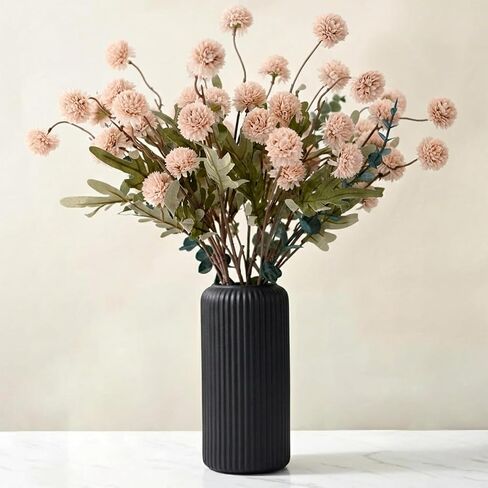 Erizhaltic Home Decor 10Pcs Artificial Pom Pom Chrysanthemums with 4 Eucalyptus Stems, Long Stem Fake Flowers with Black Vase, Faux Floral Arrangement for Home Decor, Centerpiece Table Decorations in Saudi Arabia