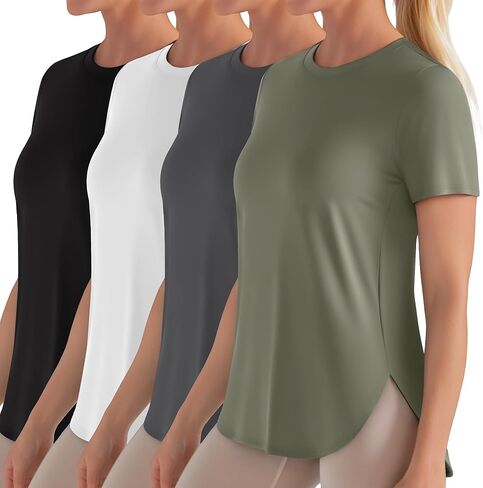 4 Pack Women's Workout Shirts UPF 50+ Athletic Breathable Short Sleeve Tops Quick Dry Split Hem Running Gym Yoga Tee in Kuwait