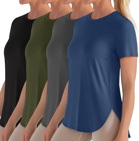 4 Pack Women's Workout Shirts UPF 50+ Athletic Breathable Short Sleeve Tops Quick Dry Split Hem Running Gym Yoga Tee in Kuwait
