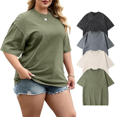 PEHMEA 4 Pack Womens Plus Size Oversized T Shirts, Vintage Wash Short Sleeve Casual Tops, Unisex Workout Tees (XL-5XL) in Saudi Arabia